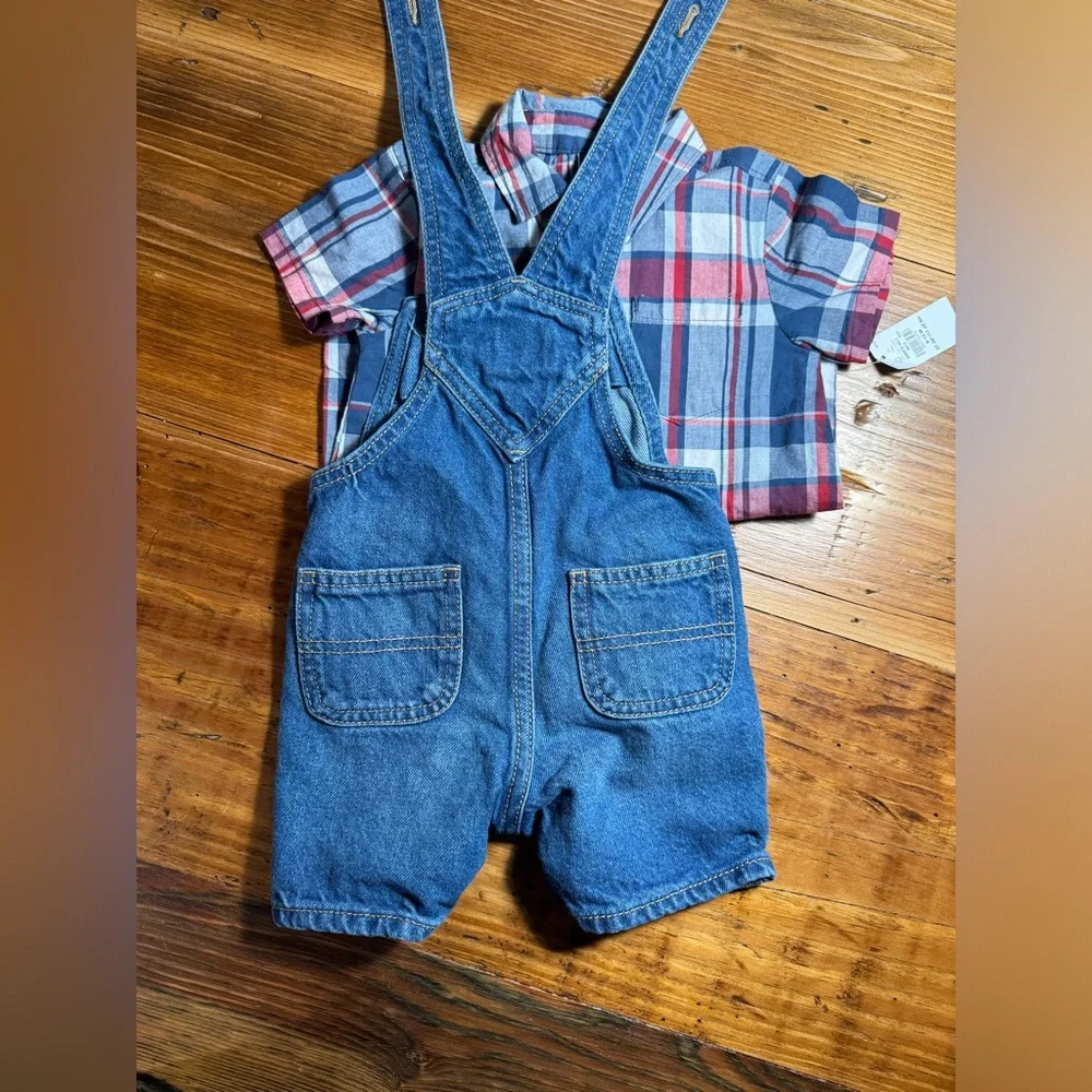 Old Navy 6-12 mo‎ short overalls with plaid short sleeve button down onesie